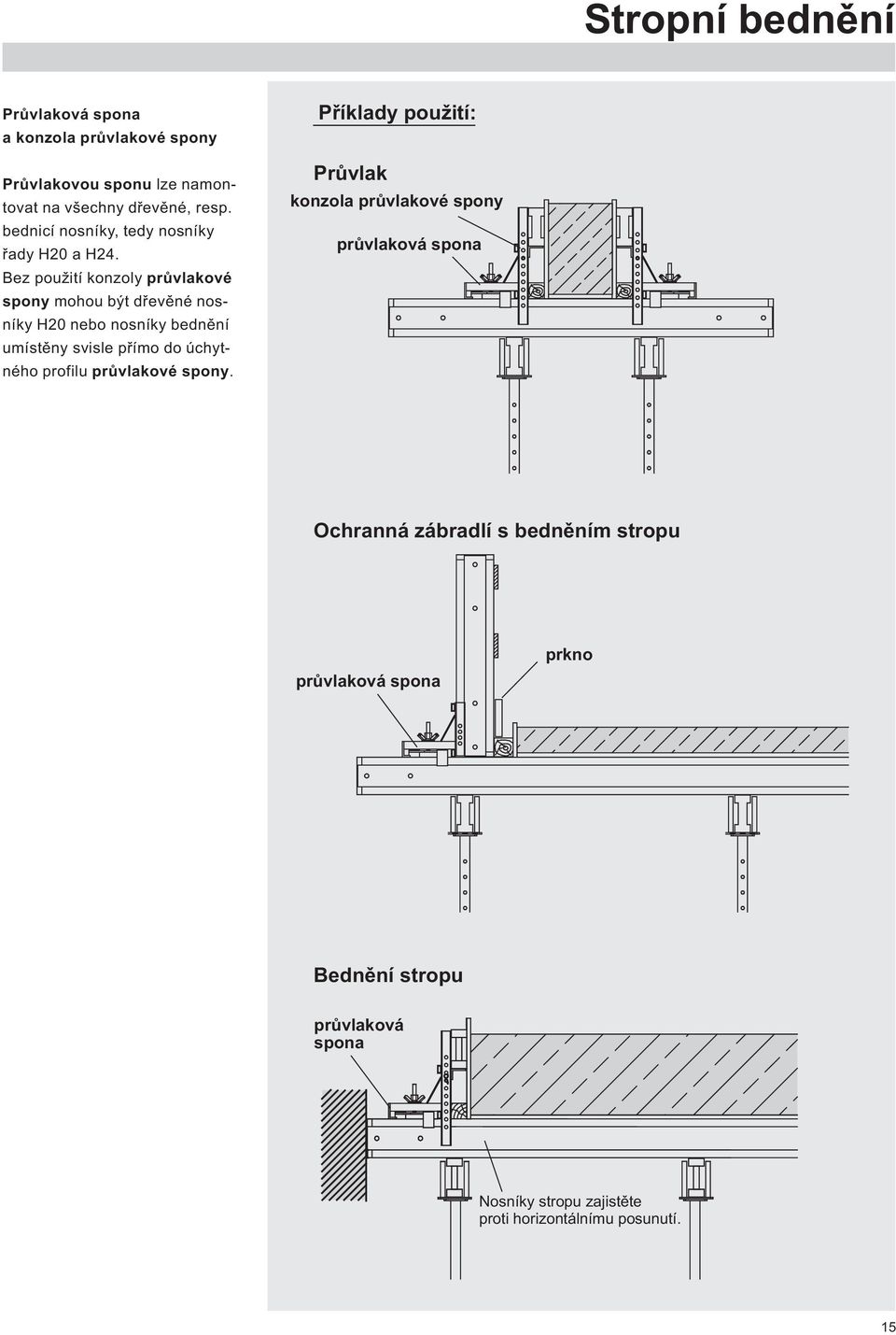 Bez použití konzoly průvlakové spony mohou být dřevěné nosníky H0 nebo nosníky bednění umístěny svisle přímo do úchytného profilu