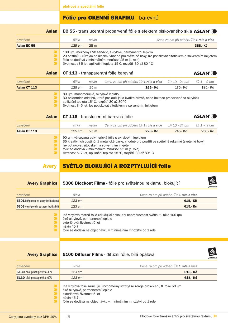 dodává v minimálním množství 25 m (1 role) životnost až 5 let, aplikační teplota 15 C, rozpětí -30 až 80 C Aslan CT 113 - transparentní fólie barevná označení šířka návin Cena za bm při odběru 1 role