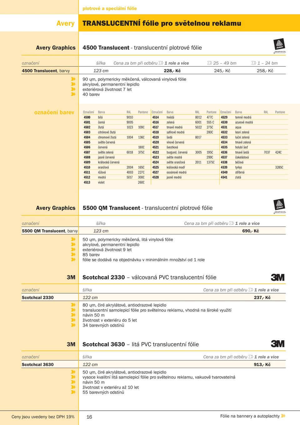 Označení Barva RAL Pantone Označení Barva RAL Pantone Označení Barva RAL Pantone 4500 bílá 9010 4514 hnědá 8012 477C 4529 temně modrá 4501 černá 9005 4516 zelená 6001 555 C 4530 azurově modrá 4502