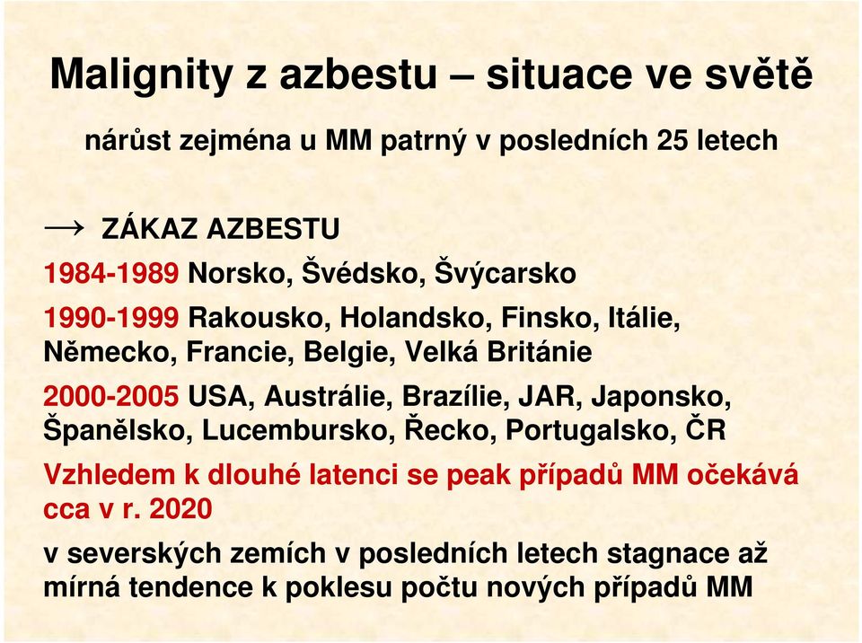 Austrálie, Brazílie, JAR, Japonsko, Španělsko, Lucembursko, Řecko, Portugalsko, ČR Vzhledem k dlouhé latenci se peak