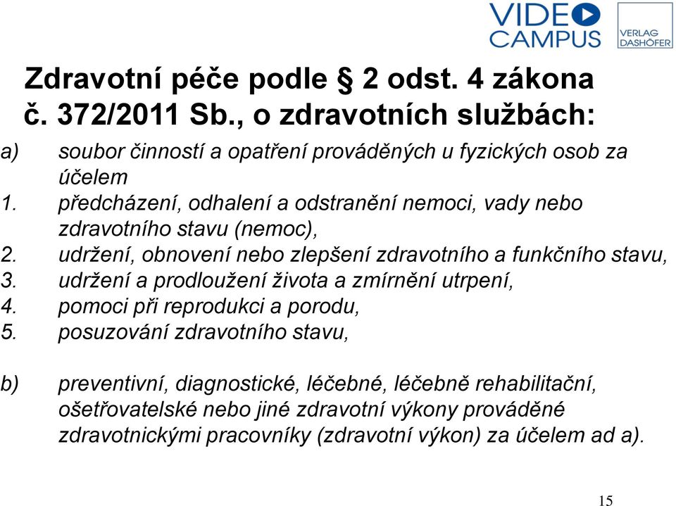 předcházení, odhalení a odstranění nemoci, vady nebo zdravotního stavu (nemoc), 2. udržení, obnovení nebo zlepšení zdravotního a funkčního stavu, 3.