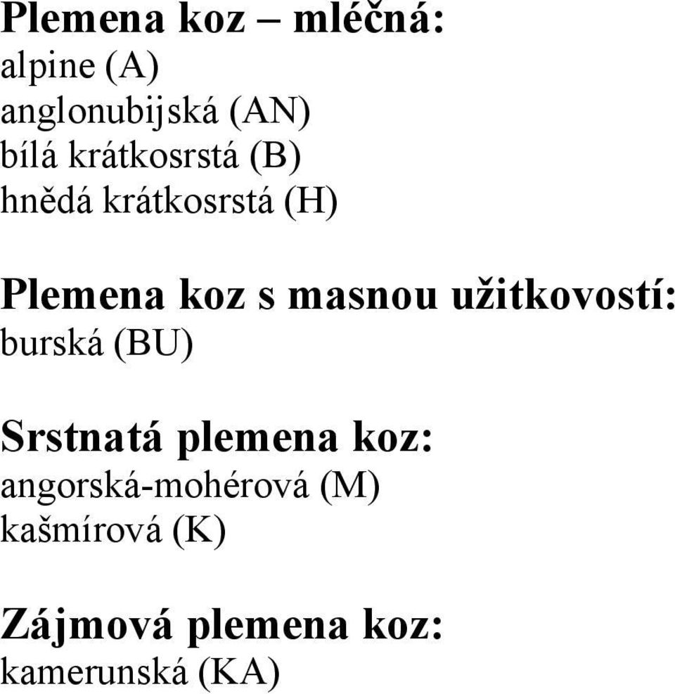 užitkovostí: burská (BU) Srstnatá plemena koz: