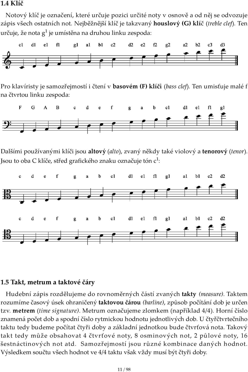 Ten umisťuje malé f na čtvrtou linku zespoda: Dalšími používanými klíči jsou altový (alto), zvaný někdy také violový a tenorový (tenor). Jsou to oba C klíče, střed graﬁckého znaku označuje tón c1: 1.