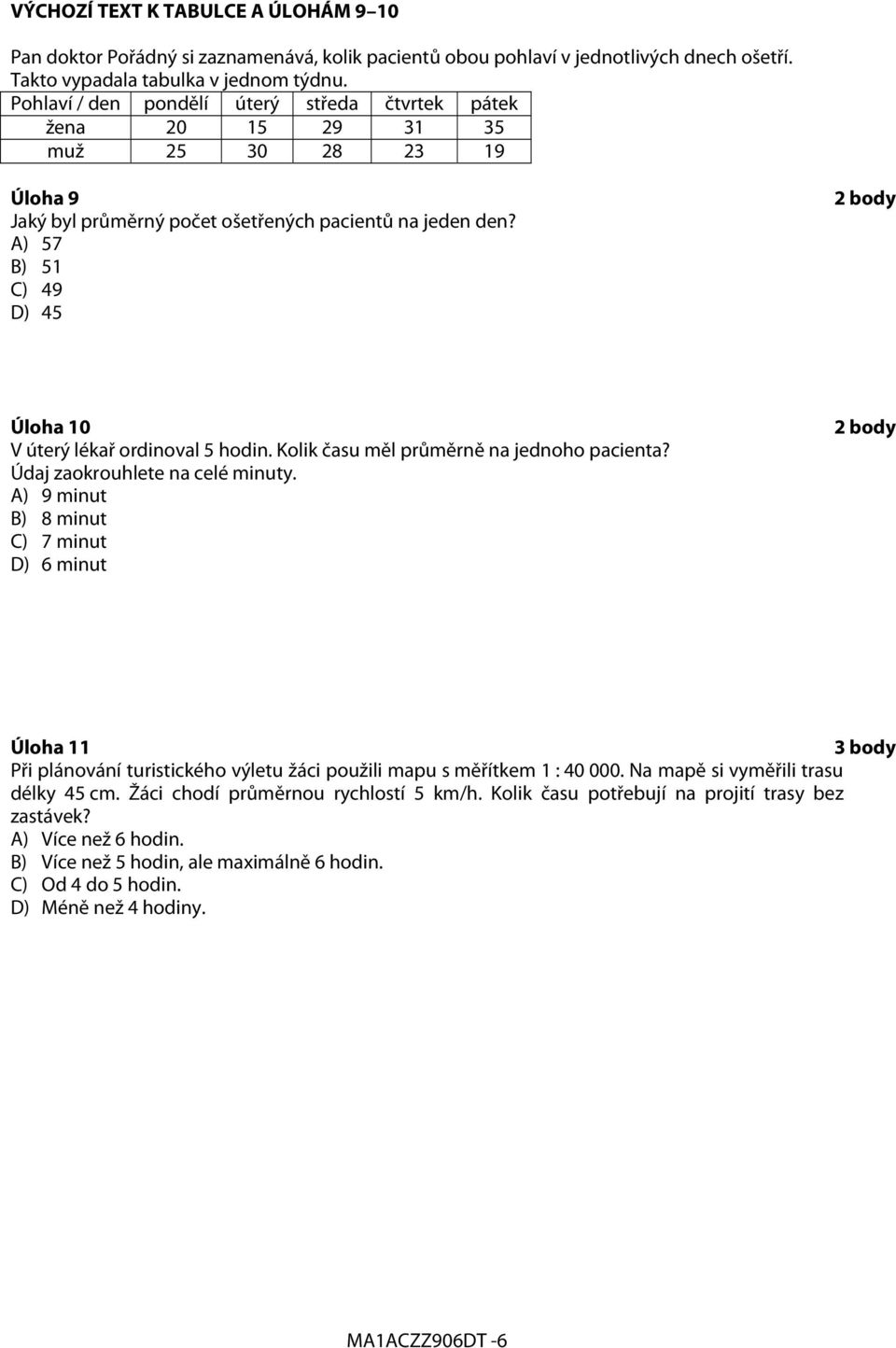 A) 57 B) 51 C) 49 D) 45 2 body Úloha 10 V úterý lékař ordinoval 5 hodin. Kolik času měl průměrně na jednoho pacienta? Údaj zaokrouhlete na celé minuty.