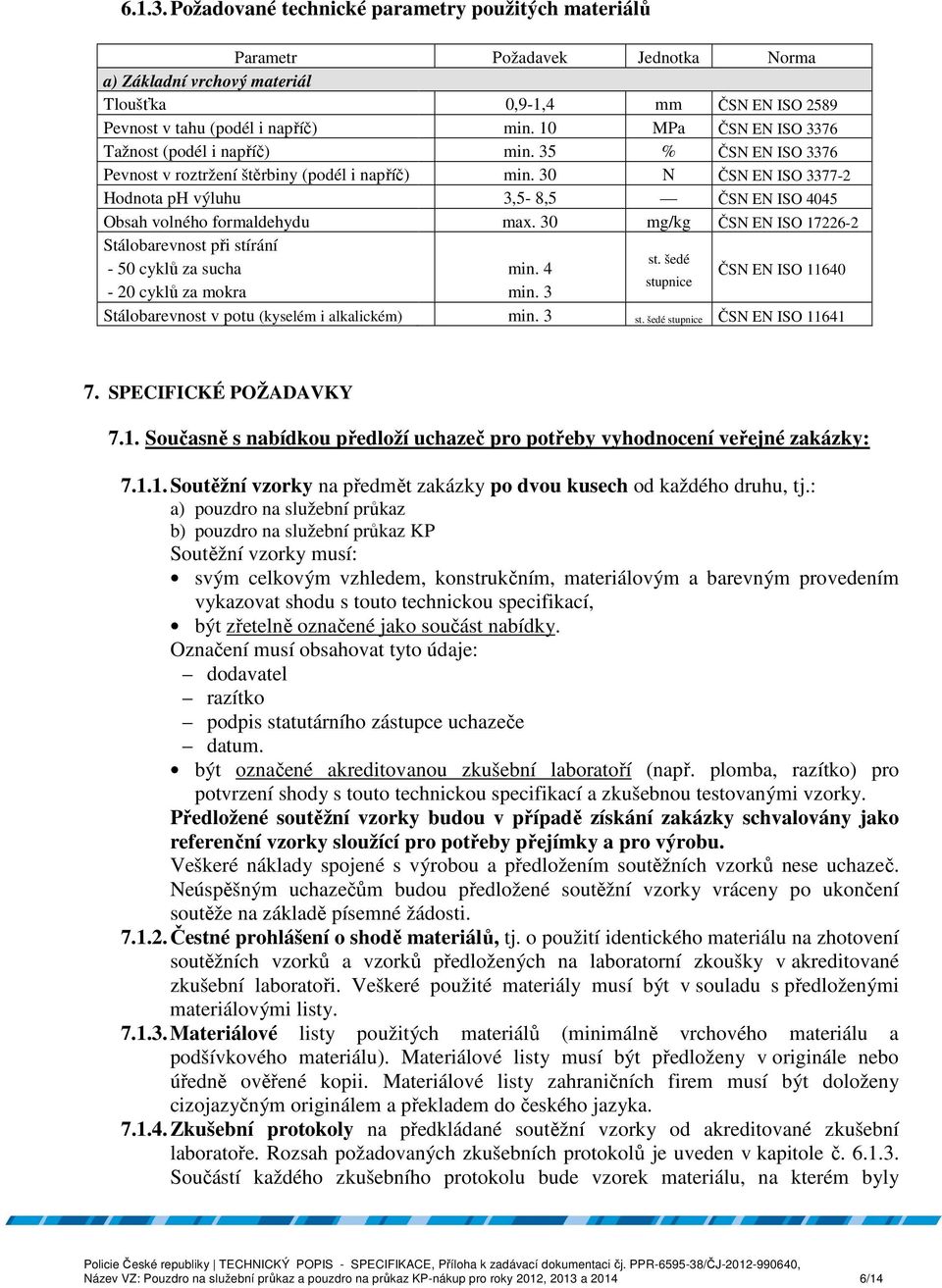 30 N ČSN EN ISO 3377-2 Hodnota ph výluhu 3,5-8,5 ČSN EN ISO 4045 Obsah volného formaldehydu max. 30 mg/kg ČSN EN ISO 17226-2 Stálobarevnost při stírání st. šedé - 50 cyklů za sucha min.