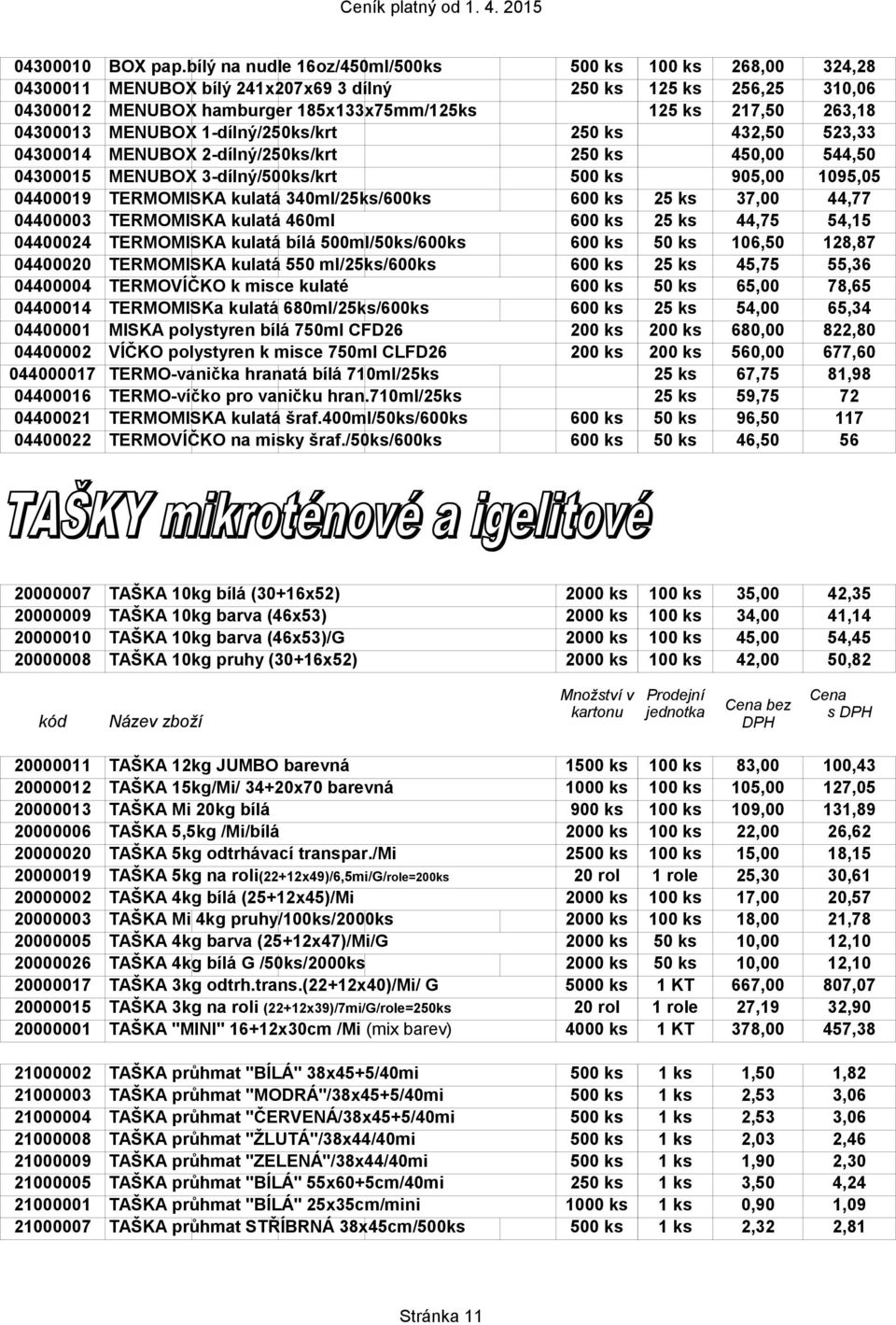 04300013 MENUBOX 1-dílný/250ks/krt 250 ks 432,50 523,33 04300014 MENUBOX 2-dílný/250ks/krt 250 ks 450,00 544,50 04300015 MENUBOX 3-dílný/500ks/krt 500 ks 905,00 1095,05 04400019 TERMOMISKA kulatá