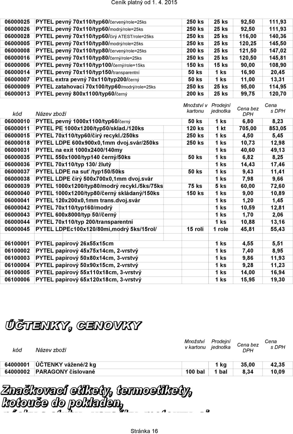 06000016 PYTEL pevný 70x110/typ80/černý/role=25ks 250 ks 25 ks 120,50 145,81 06000006 PYTEL pevný 70x110/typ100/černý/role=15ks 150 ks 15 ks 90,00 108,90 06000014 PYTEL pevný