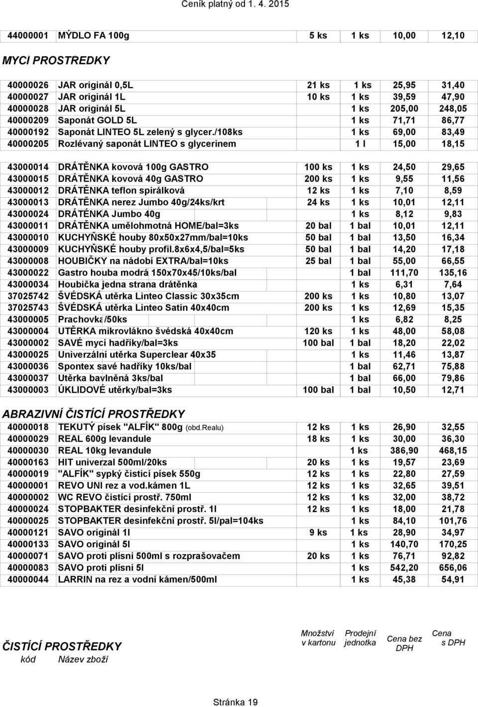 /108ks 1 ks 69,00 83,49 40000205 Rozlévaný saponát LINTEO s glycerinem 1 l 15,00 18,15 43000014 DRÁTĚNKA kovová 100g GASTRO 100 ks 1 ks 24,50 29,65 43000015 DRÁTĚNKA kovová 40g GASTRO 200 ks 1 ks