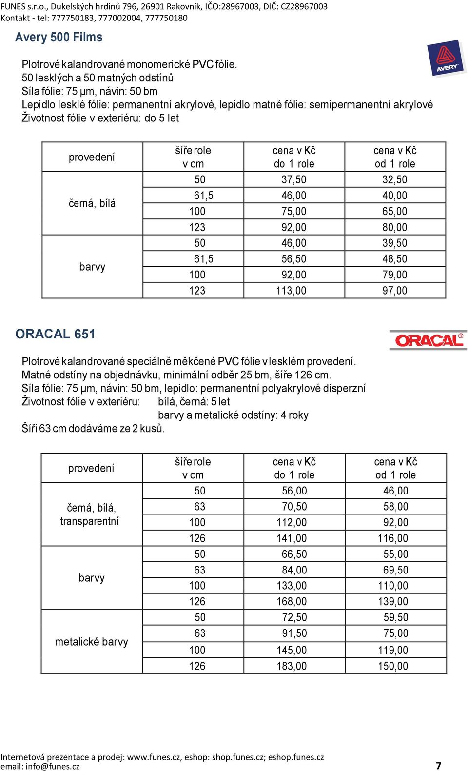 bílá barvy 50 37,50 32,50 61,5 46,00 40,00 100 75,00 65,00 123 92,00 80,00 50 46,00 39,50 61,5 56,50 48,50 100 92,00 79,00 123 113,00 97,00 ORACAL 651 Plotrové kalandrované speciálně měkčené PVC