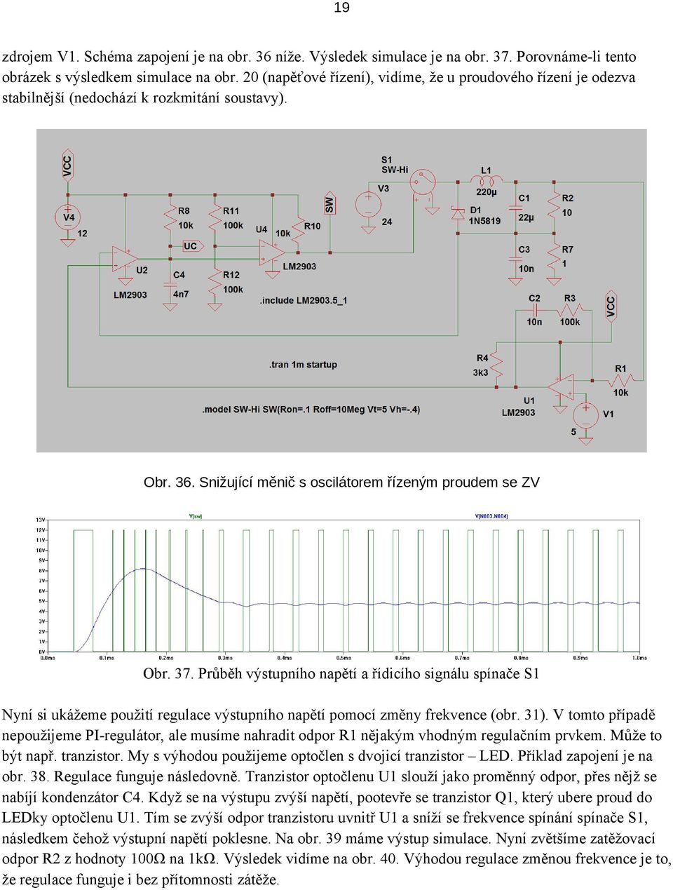 Průběh výstupního napětí a řídicího signálu spínače S1 Nyní si ukážeme použití regulace výstupního napětí pomocí změny frekvence (obr. 31).