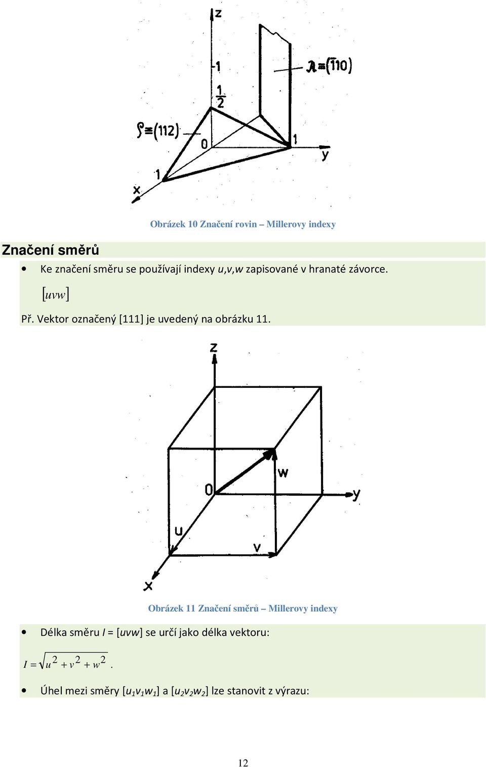 Obrázek 11 Značení směrů Millerovy indexy Délka směru I = [uvw] se určí jako délka vektoru: I