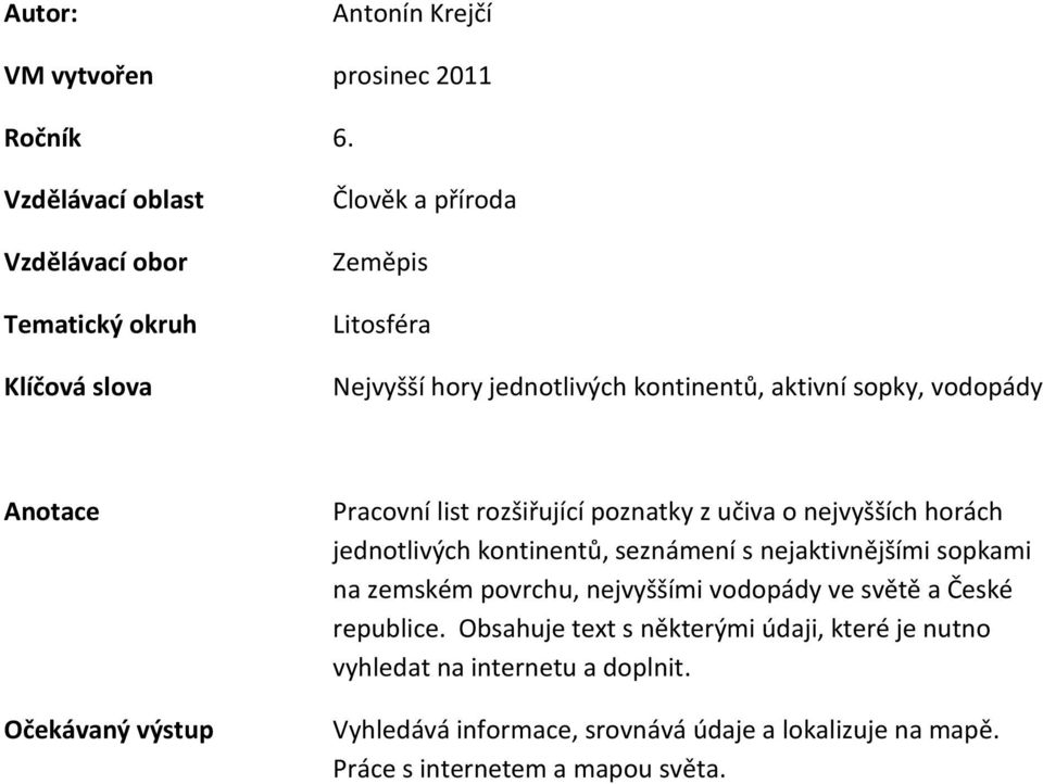 vodopády Anotace Očekávaný výstup Pracovní list rozšiřující poznatky z učiva o nejvyšších horách jednotlivých kontinentů, seznámení s nejaktivnějšími