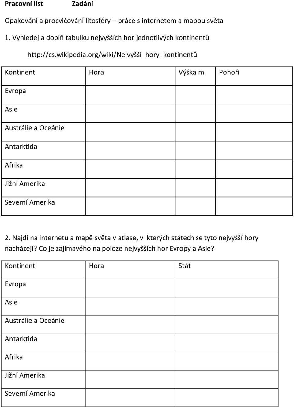 org/wiki/nejvyšší_hory_kontinentů Kontinent Hora Výška m Pohoří Evropa Asie Austrálie a Oceánie Antarktida Afrika Jižní Amerika Severní