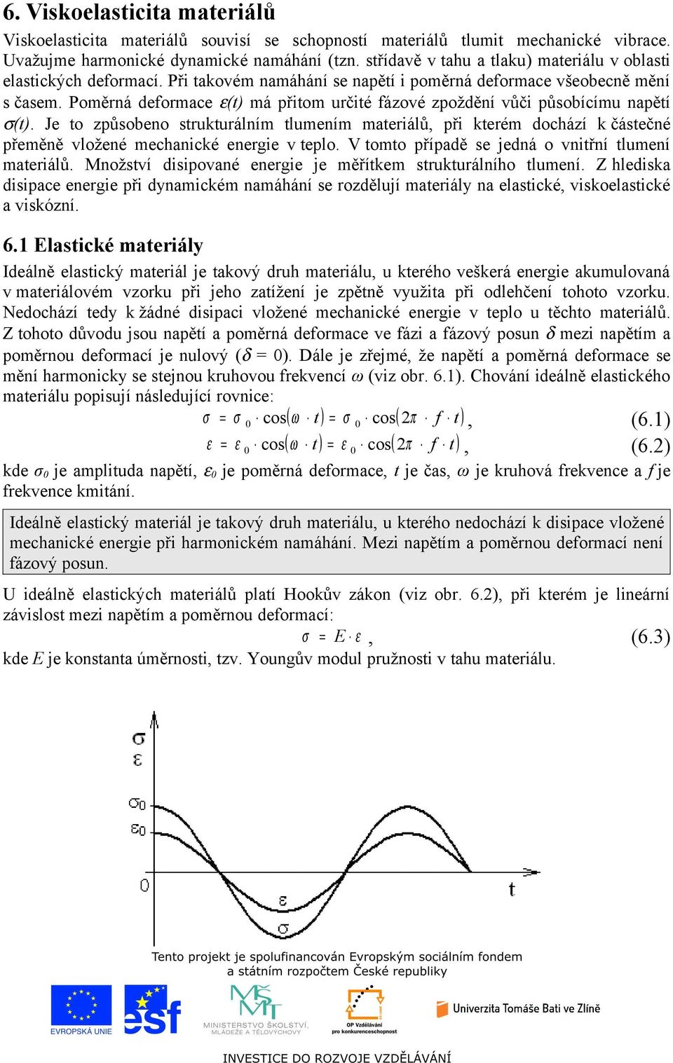 Poměrná deformace ε(t) má přitom určité fázové zpoždění vůči působícímu napětí σ(t).