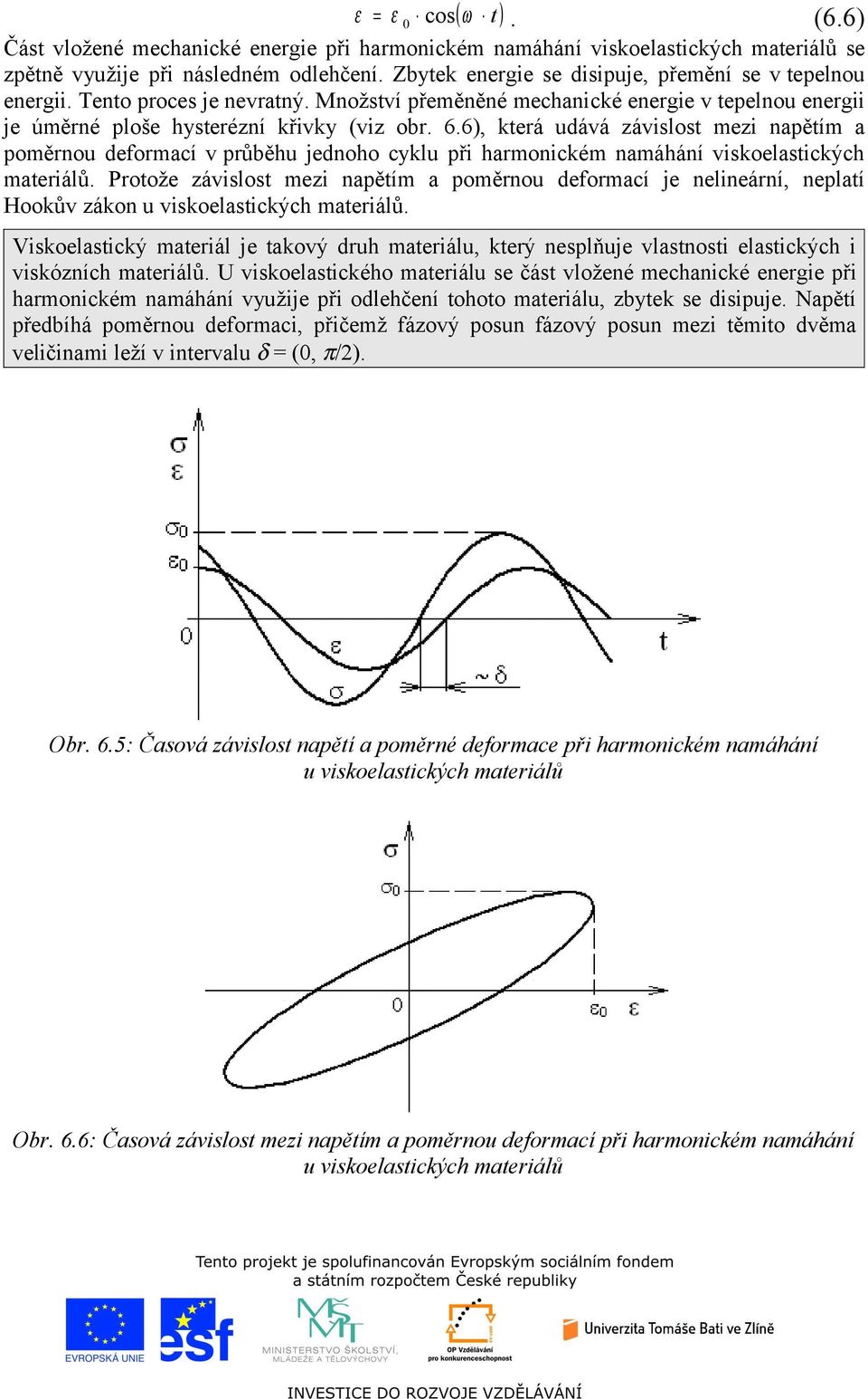 6), která udává závislost mezi napětím a poměrnou deformací v průběhu jednoho cyklu při harmonickém namáhání viskoelastických materiálů.