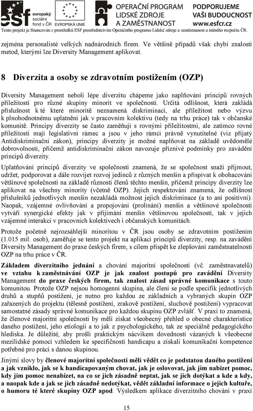 Určitá odlišnost, která zakládá příslušnost k té které minoritě neznamená diskriminaci, ale příležitost nebo výzvu k plnohodnotnému uplatnění jak v pracovním kolektivu (tedy na trhu práce) tak v