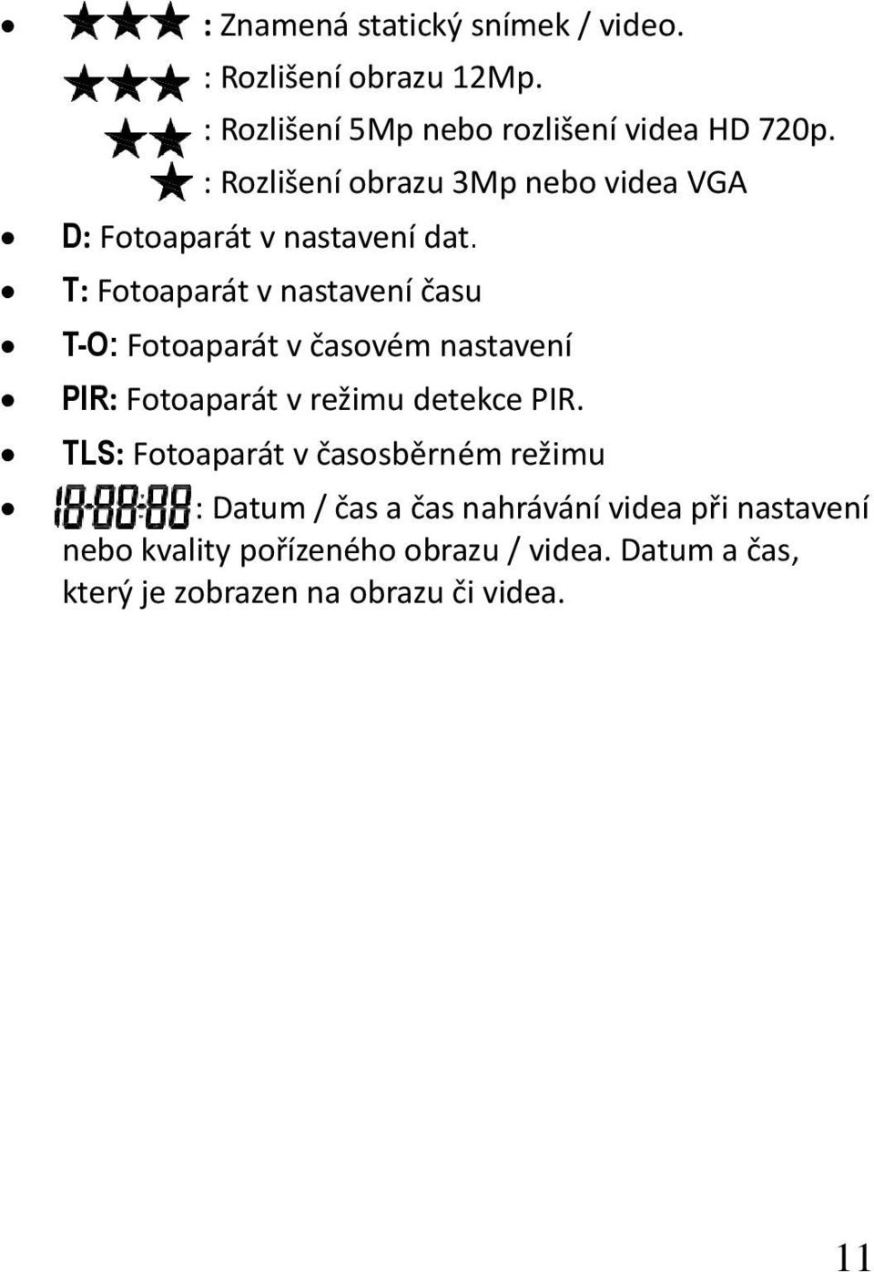 T: Fotoaparát v nastavení času T-O: Fotoaparát v časovém nastavení PIR: Fotoaparát v režimu detekce PIR.