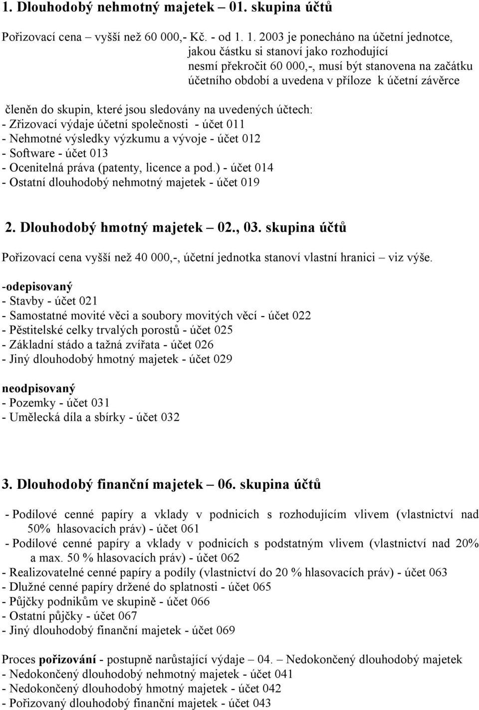 do skupin, které jsou sledovány na uvedených účtech: - Zřizovací výdaje účetní společnosti - účet 011 - Nehmotné výsledky výzkumu a vývoje - účet 012 - Software - účet 013 - Ocenitelná práva