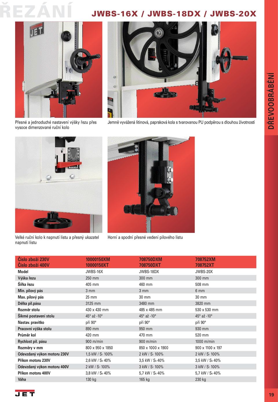 JWBS-16X JWBS-18DX JWBS-20X Výška řezu 250 mm 300 mm 300 mm Šířka řezu 405 mm 460 mm 508 mm Min. pilový pás 3 mm 3 mm 6 mm Max. pilový pás 25 mm 30 mm 30 mm Délka pil.