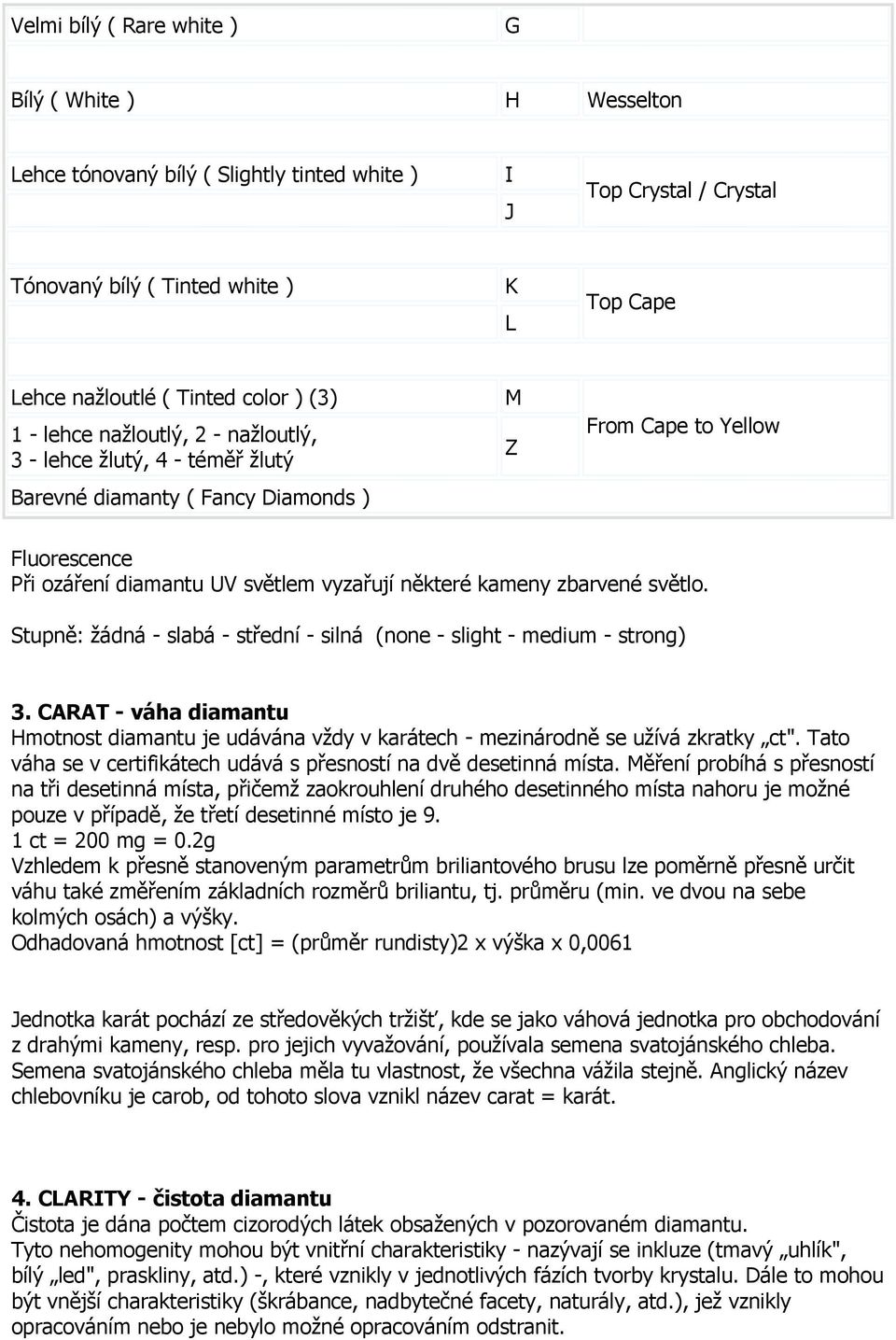 některé kameny zbarvené světlo. Stupně: žádná - slabá - střední - silná (none - slight - medium - strong) 3.