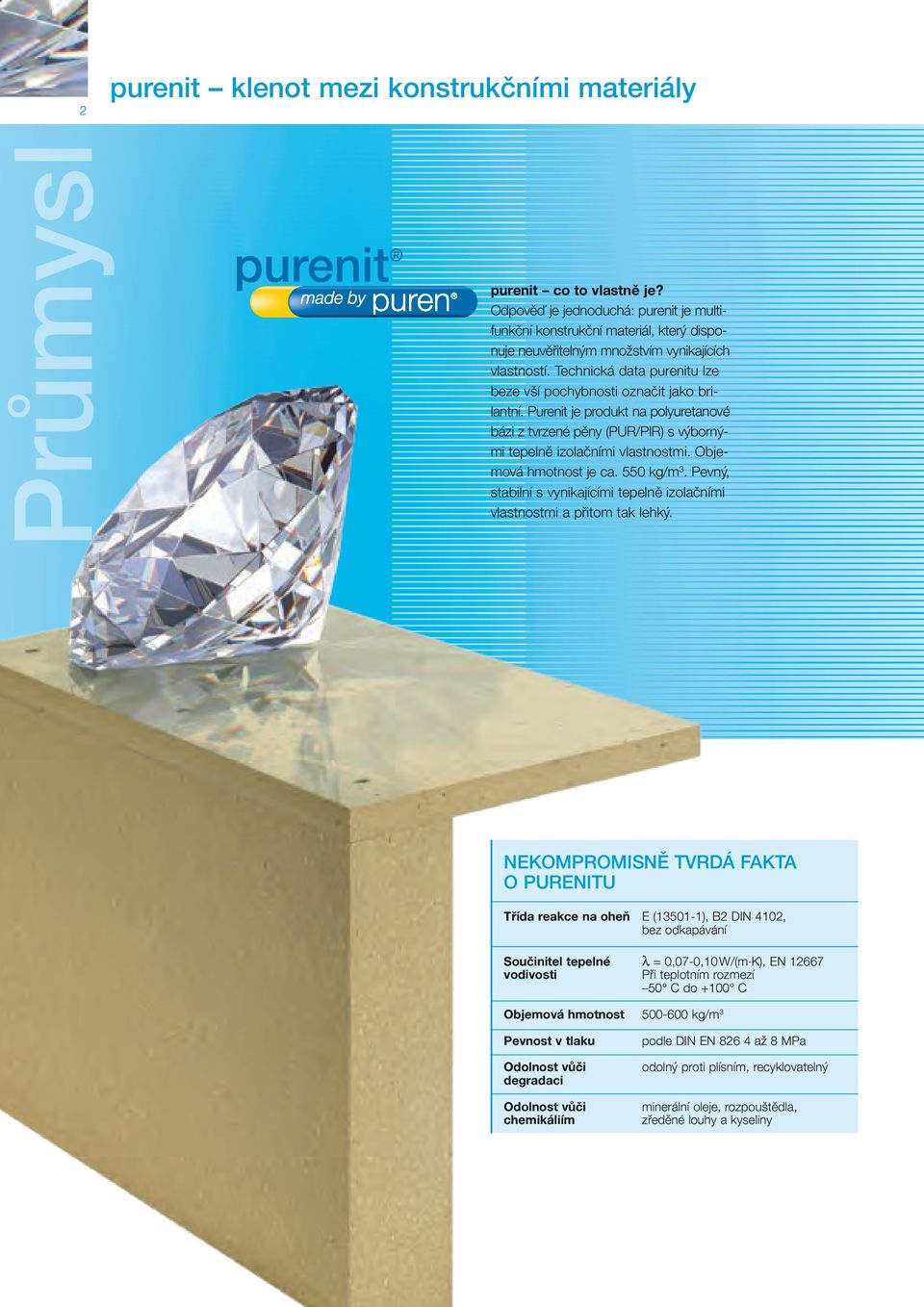 Technická data purenitu lze beze vší pochybnosti označit jako brilantní. Purenit je produkt na polyuretanové bázi z tvrzené pěny (PUR/PIR) s výbornými tepelně izolačními vlastnostmi.