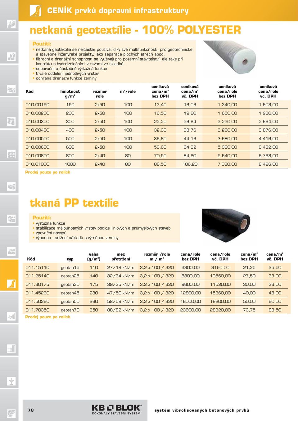 separační a částečně výztužná funkce trvalé oddělení jednotlivých vrstev ochrana drenážní funkce zeminy ceníková ceníková ceníková ceníková Kód hmotnost rozměr m 2 /role cena/m 2 cena/m 2 cena/role