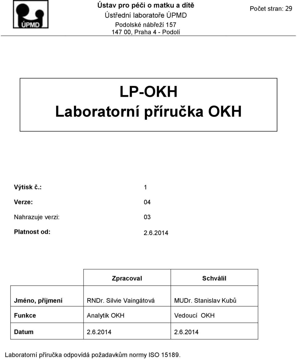 : 1 Nahrazuje verzi: 03 Platnost od: 2.6.2014 Zpracoval Schválil Jméno, příjmení RNDr.