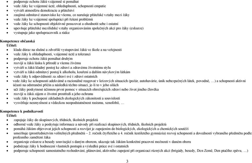 organizováním společných akcí pro žáky (exkurze) vystupuje jako spolupracovník a rádce Kompetence občanská Učitel: klade důraz na slušné a zdvořilé vystupování žáků ve škole a na veřejnosti vede žáky