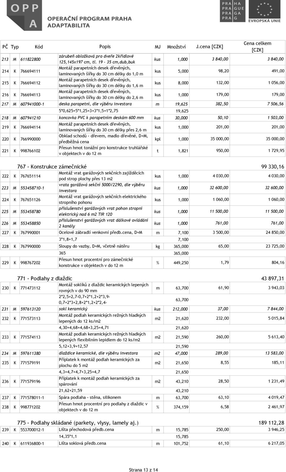 cm délky do 1,6 m kus 8,000 216 K 766694113 Montáž parapetních desek dřevěných, laminovaných šířky do 30 cm délky do 2,6 m 217 M 607941000-1 deska parapetní, dle výběru investora m 19,625 382,50 7