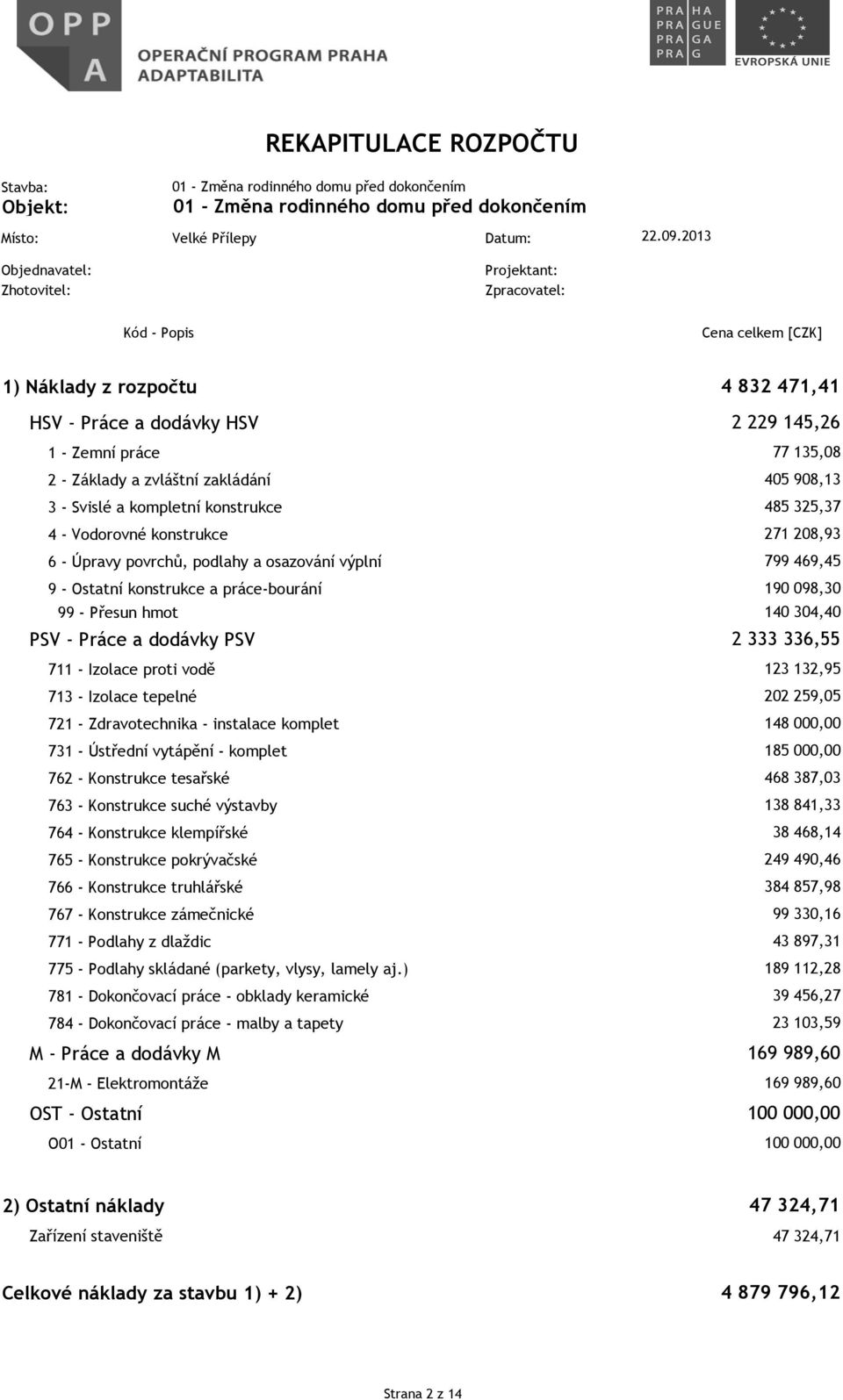 4 - Vodorovné konstrukce 6 - Úpravy povrchů, podlahy a osazování výplní 9 - Ostatní konstrukce a práce-bourání 99 - Přesun hmot PSV - Práce a dodávky PSV 711 - Izolace proti vodě 713 - Izolace