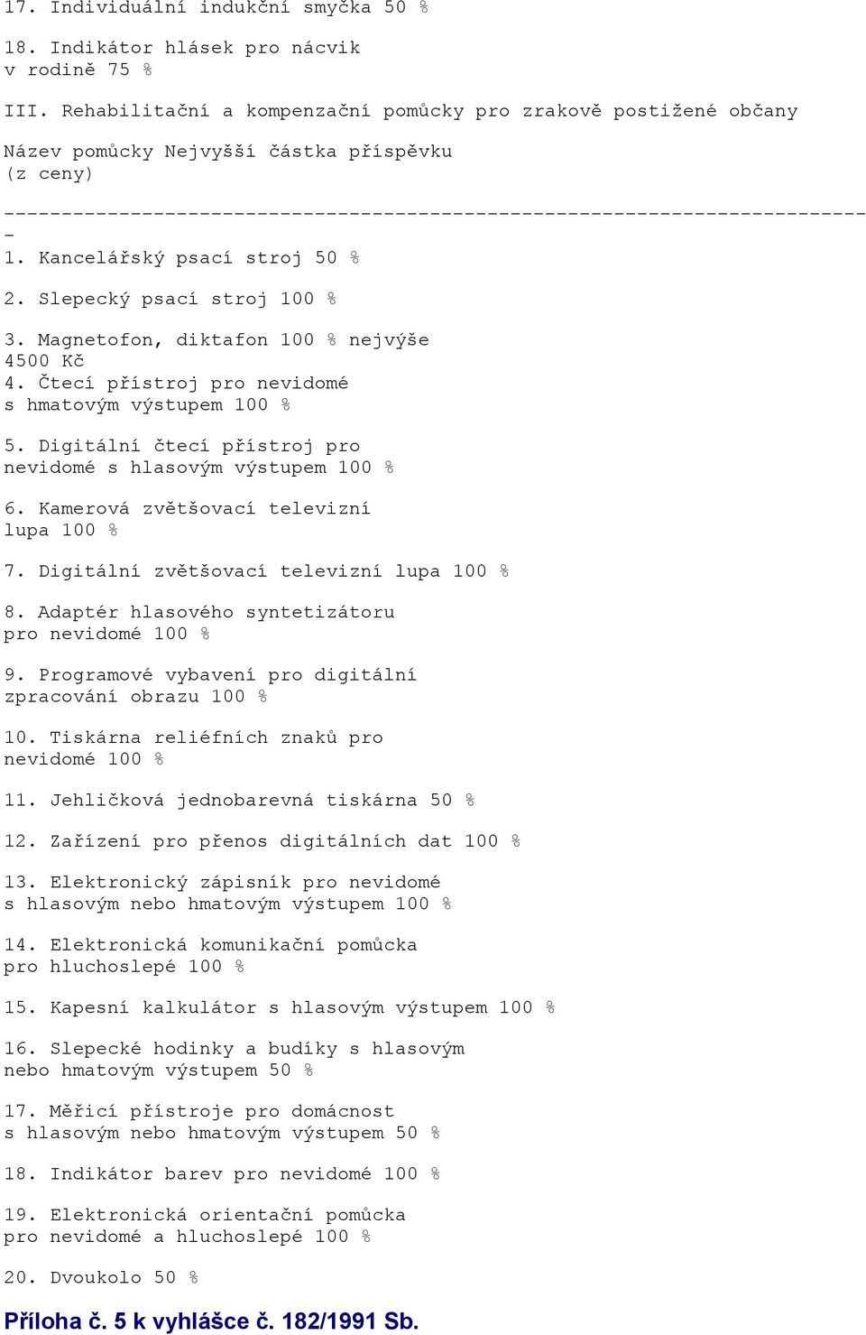 Kancelářský psací stroj 50 % 2. Slepecký psací stroj 100 % 3. Magnetofon, diktafon 100 % nejvýše 4500 Kč 4. Čtecí přístroj pro nevidomé s hmatovým výstupem 100 % 5.
