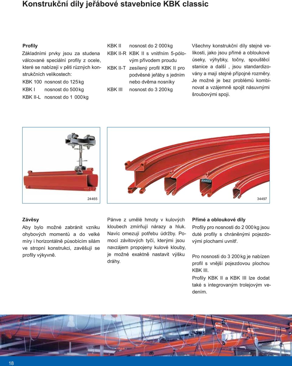 jeřáby s jedním nebo dvěma nosníky KBK III nosnost do 3 200 kg Všechny konstrukční díly stejné velikosti, jako jsou přímé a obloukové úseky, výhybky, točny, spouštěcí stanice a další, jsou