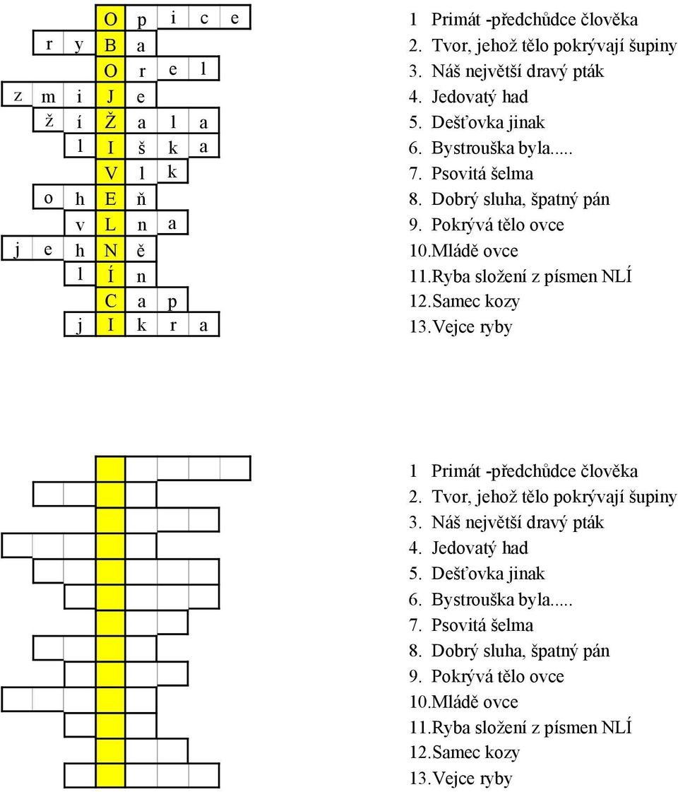 Ryba složení z písmen NLÍ C a p 12.Samec kozy j I k r a 13.Vejce ryby 1 Primát -předchůdce člověka 2. Tvor, jehož tělo pokrývají šupiny 3. Náš největší dravý pták 4.