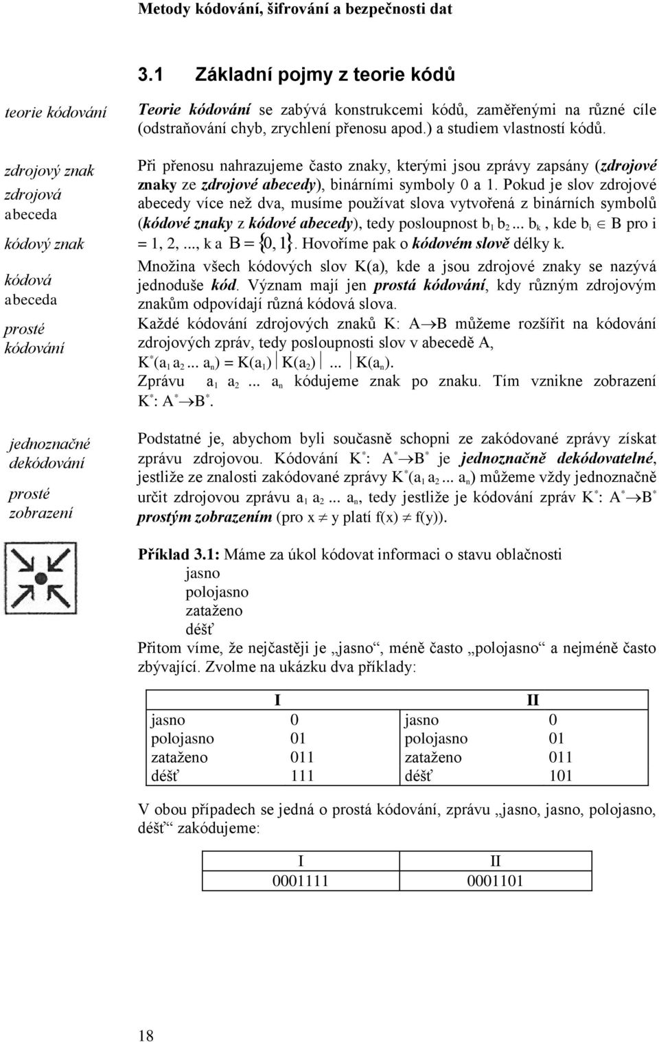 Při přenosu nahrazujeme často znaky, kterými jsou zprávy zapsány (zdrojové znaky ze zdrojové abecedy), binárními symboly a.