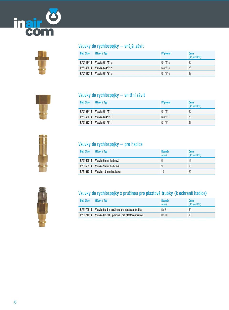 pro hadice R76160614 Vsuvka 6 mm hadicová 6 16 R76160914 Vsuvka 9 mm hadicová 9 16 R76161314 Vsuvka 13 mm hadicová 13 25 Vsuvky do rychlospojky s pružinou pro