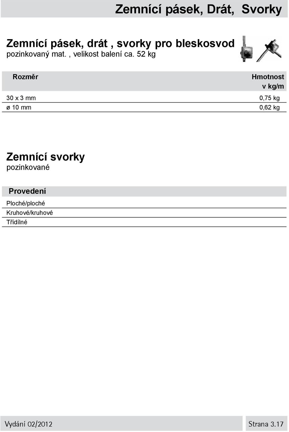 52 kg Rozměr Hmotnost 30 x 3 mm 0,75 kg ø 10 mm 0,62 kg Zemnící