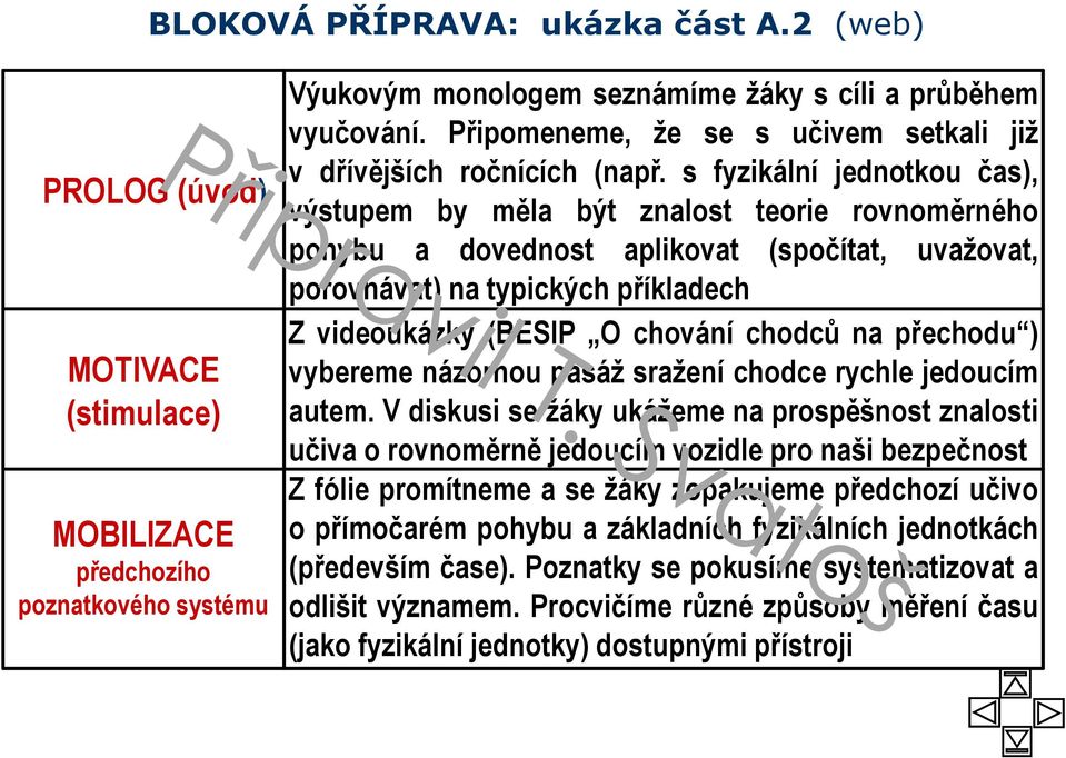 s fyzikální jednotkou čas), výstupem by měla být znalost teorie rovnoměrného pohybu a dovednost aplikovat (spočítat, uvažovat, porovnávat) na typických příkladech Z videoukázky (BESIP O chování