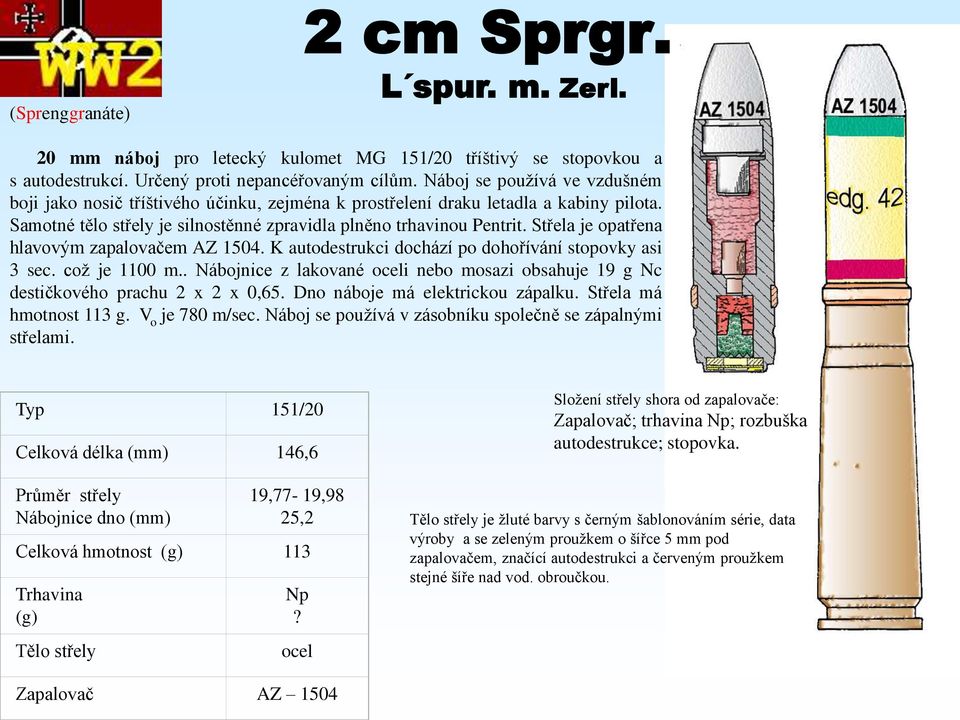 Střela je opatřena hlavovým zapalovačem AZ 1504. K autodestrukci dochází po dohořívání stopovky asi 3 sec. což je 1100 m.