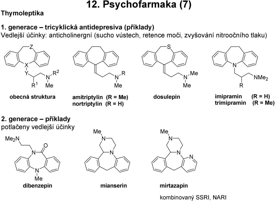 retence moči, zvyšování nitroočního tlaku) Z X Y R 1 R2 R R 2 obecná struktura amitriptylin (R = )