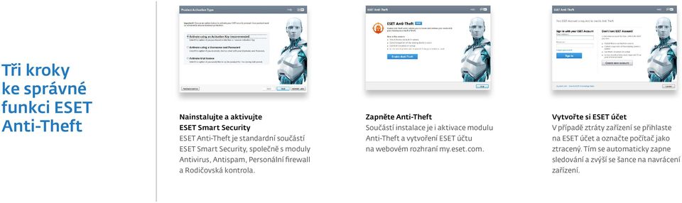 Zapněte Anti-Theft Součástí instalace je i aktivace modulu Anti-Theft a vytvoření ESET účtu na webovém rozhraní my.eset.com.