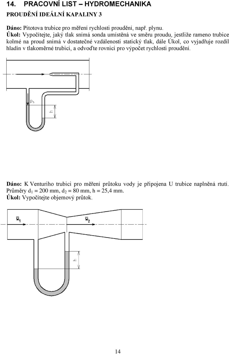 statický tlak, dále Úkol, co vyjadřuje rozdíl hladin v tlakoměrné trubici, a odvoďte rovnici pro výpočet rychlosti proudění.