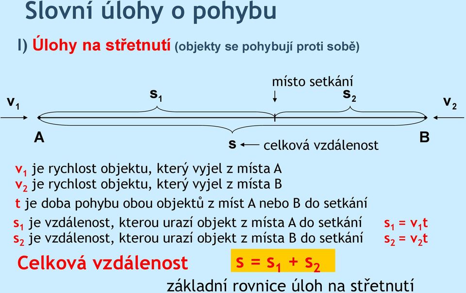 je doba poybu obou objektů z míst A nebo B do setkání s 1 je vzdálenost, kterou urazí objekt z místa A do setkání s 2 je