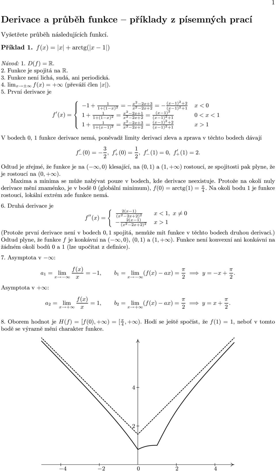 První derivace e 8 >< + f + >: + = x x+3 x x+ = (x ) + +( x) = x x+ = +( x) x x+ +(x ) (x ) (x ) + (x ) + x<0 0 <x< = x x+3 x x+ = (x ) + (x ) + x> V bodech 0, funkce derivace nemá, poněvadž limity