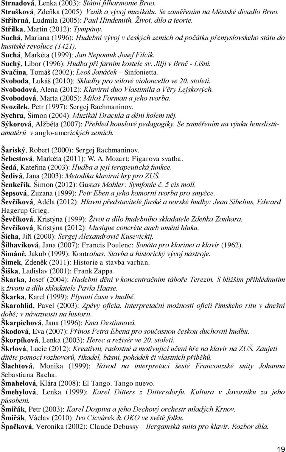 Suchá, Markéta (1999): Jan Nepomuk Josef Filcík. Suchý, Libor (1996): Hudba při farním kostele sv. Jiljí v Brně - Líšni. Svačina, Tomáš (2002): Leoš Janáček Sinfonietta.
