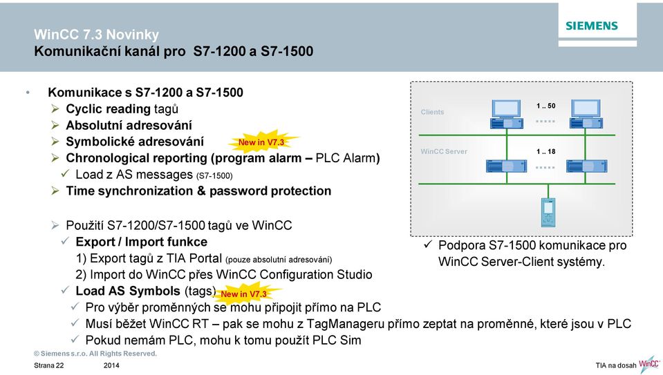 . 18 Použití S7-1200/S7-1500 tag ve WinCC Export / Import funkce 1) Export tag z TIA Portal (pouze absolutní adresování) 2) Import do WinCC p es WinCC Configuration Studio Load AS Symbols