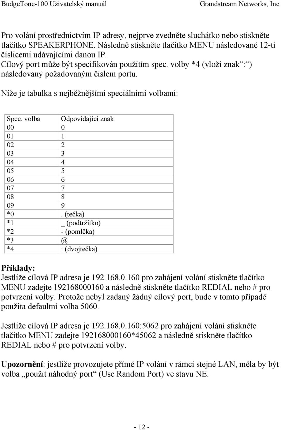 volba Odpovídající znak 00 0 01 1 02 2 03 3 04 4 05 5 06 6 07 7 08 8 09 9 *0. (tečka) *1 _ (podtržítko) *2 - (pomlčka) *3 @ *4 : (dvojtečka) Příklady: Jestliže cílová IP adresa je 192.168.0.160 pro zahájení volání stiskněte tlačítko MENU zadejte 192168000160 a následně stiskněte tlačítko REDIAL nebo # pro potvrzení volby.