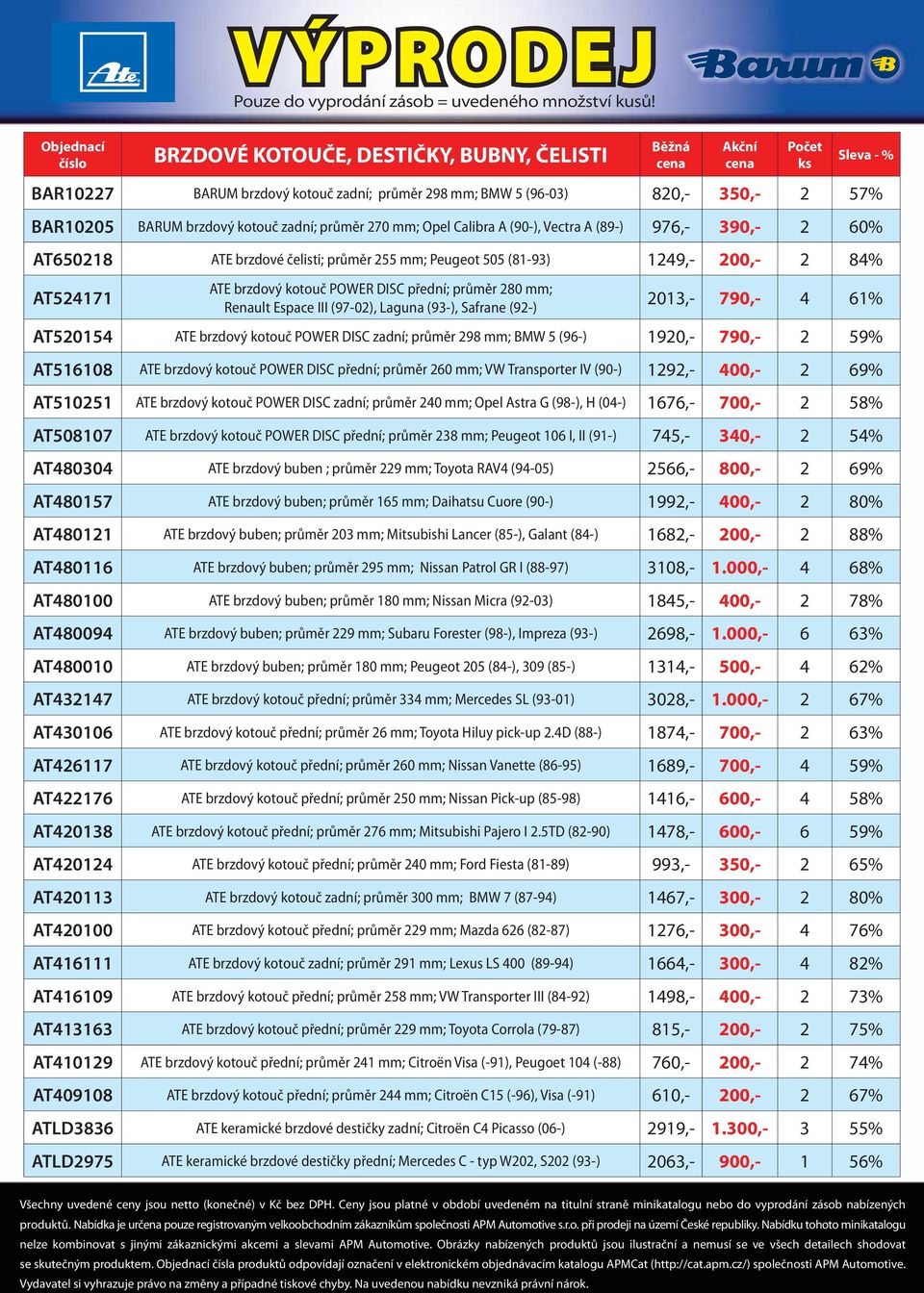 brzdový kotouč zadní; průměr 270 mm; Opel Calibra A (90-), Vectra A (89-) 976,- 390,- 2 60% AT650218 ATE brzdové čelisti; průměr 255 mm; Peugeot 505 (81-93) 1249,- 200,- 2 84% ATE brzdový kotouč