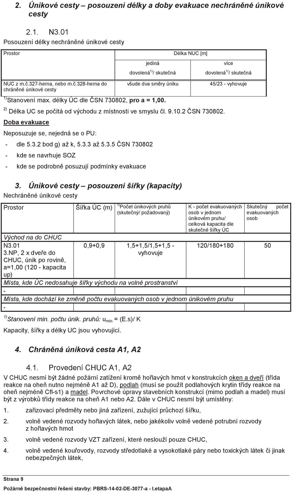 délky ÚC dle ČSN 730802, pro a = 1,00. 45/23 - vyhovuje 2) Délka UC se počítá od východu z místnosti ve smyslu čl. 9.10.2 ČSN 730802. Doba evakuace Neposuzuje se, nejedná se o PU: - dle 5.3.2 bod g) až k, 5.