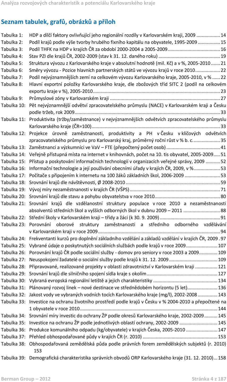 .. 16 Tabulka 4: Stav PZI dle krajů ČR, 2002-2009 (stav k 31. 12. daného roku)... 19 Tabulka 5: Struktura vývozu z Karlovarského kraje v absolutní hodnotě (mil. Kč) a v %, 2005-2010.