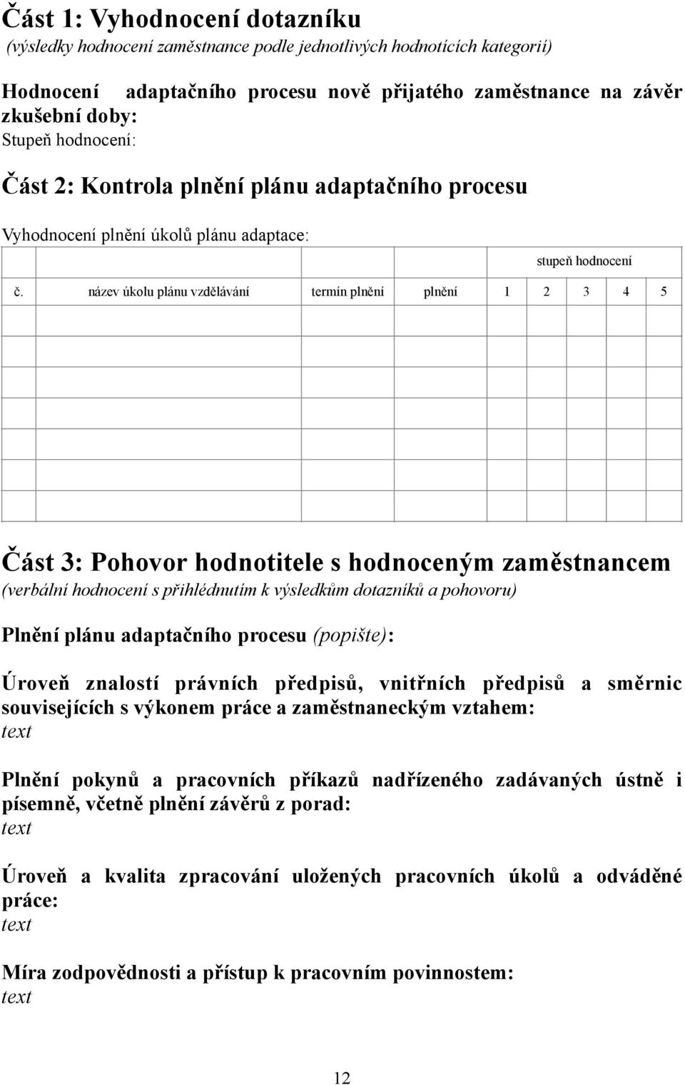 název úkolu plánu vzdělávání termín plnění plnění 1 2 3 4 5 Část 3: Pohovor hodnotitele s hodnoceným zaměstnancem (verbální hodnocení s přihlédnutím k výsledkům dotazníků a pohovoru) Plnění plánu